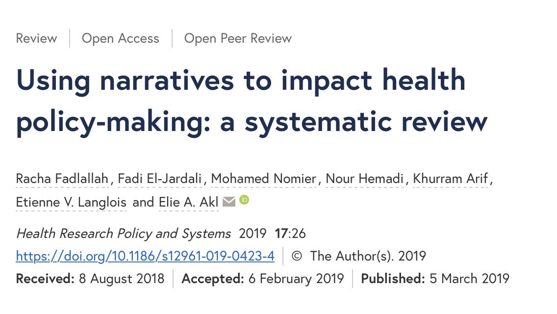 📕Just telling stories? 📗

A new review  sheds light on the effectiveness of narratives to inform health policy and systems #hpsr. The evidence base is weak, but findings suggest they can be effective but that there are also potential downsides.  …alth-policy-systems.biomedcentral.com/articles/10.11…