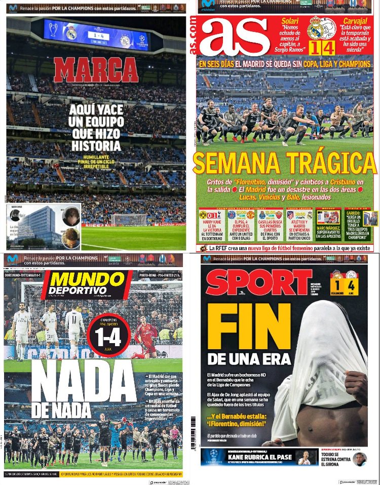 YBauman's tweet photo. "Einde Van Een Tijdperk" en "Tragische Week". De Spaanse kranten zijn snoeihard voor Real Madrid. #reaajax #RealMadrid #RealAjax #rmaajax https://t.co/G5xFGLUtgl