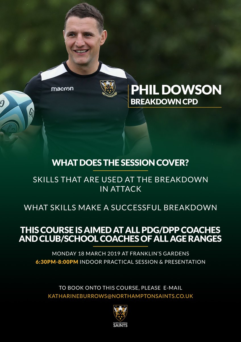 The next in our popular series of Youth Coach Development...

😇 Phil Dowson
📖 The Breakdown
🗓 Mon 18 March
⏰ 6:30-8:00pm
📍 Franklin's Gardens

Join us for free by emailing katharineburrows@northamptonsaints.co.uk
