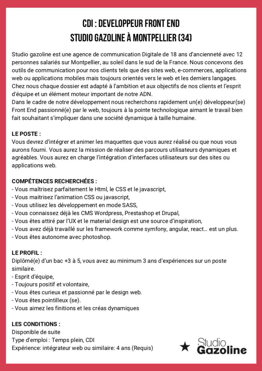 studiogazoline's tweet photo. STUDIO GAZOLINE RECRUTE !!!

Cher réseau,
Dans le cadre de notre développement, nous recherchons rapidement un(e) développeur(se) Front-End.

D'autres offres sont à venir.... 1/4
#agencedecommunication #recrutement #développeur #frontend #cdi #tempsplein #montpellier https://t.co/8HBqqNibga