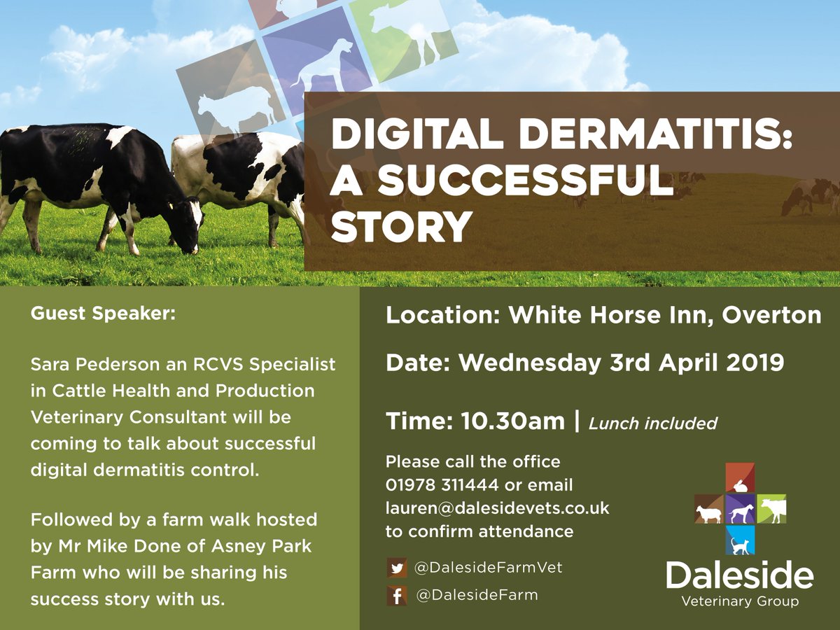 DalesideFarmVet's tweet photo. Join us on 3rd April to hear @SaraPedersen3 talk about successful #DigitalDermatitis control in the herd. This will then be followed by a farm walk kindly hosted by Mike Done who will talk to us about his success story. Lunch included so be sure to let us know if you can attend! https://t.co/jKBEsBYJFx