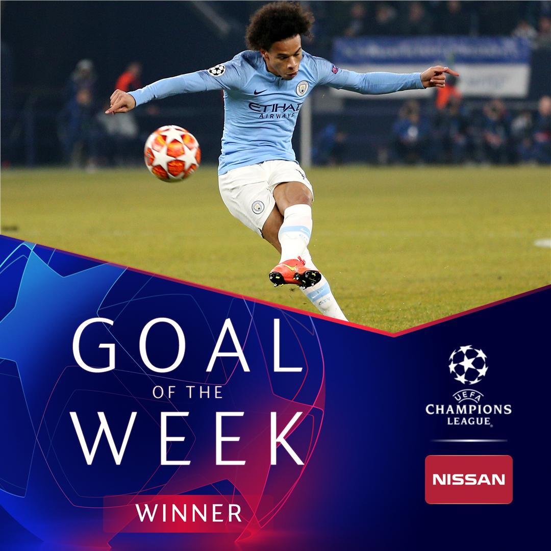 ChampionsLeague's tweet photo. 🥇Leroy Sané collects the award for his outrageous free-kick 🥳

#UCL #GOTW https://t.co/hw7uLyWOsk