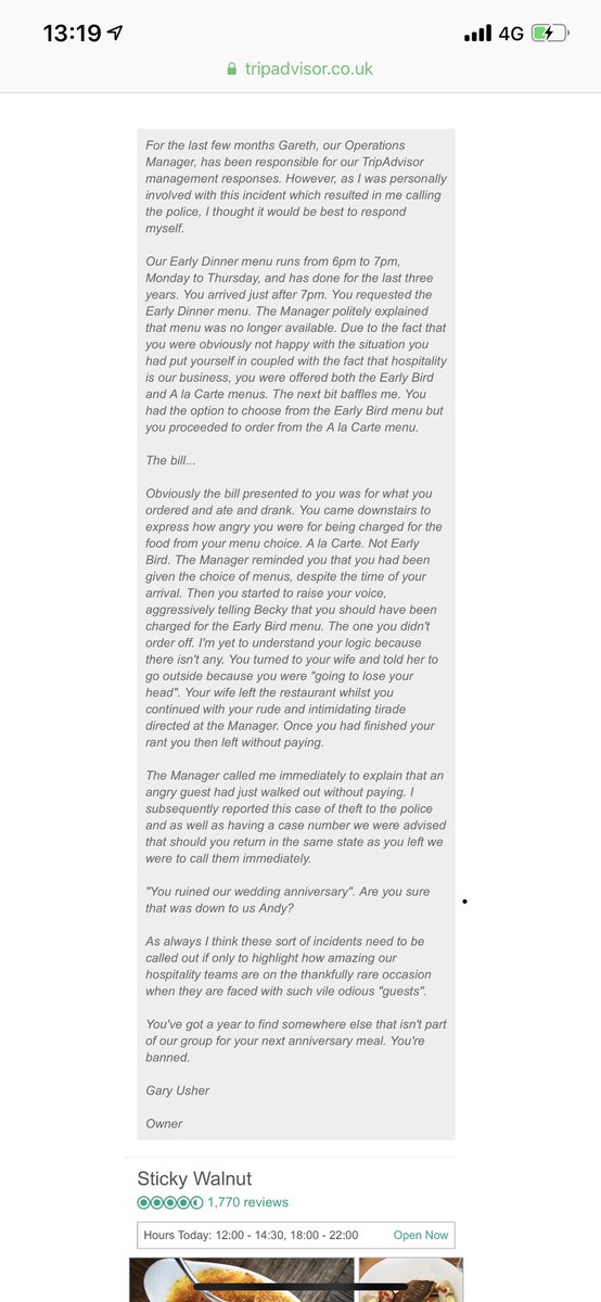 I’ve personally stopped getting involved in @TripAdvisorUK because I detest it.This Gent however deserves my attention.He intimidated &amp; scared Becky the manager on shift,left without paying then had the fucking audacity to leave a bad review about his meal.
Becky you’re a star! X
