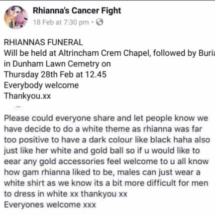 RFCancerFight's tweet image. #RememberingRhianna #RhiannasFuneral #Goodbye #Whitetheme 💖