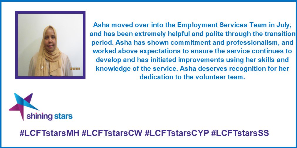 WeAreLSCFT's tweet photo. "Asha Noor has shown commitment and professionalism, and worked above expectations to ensure the service continues to develop" #LCFTstarsSS https://t.co/pl3h2TjDQi
