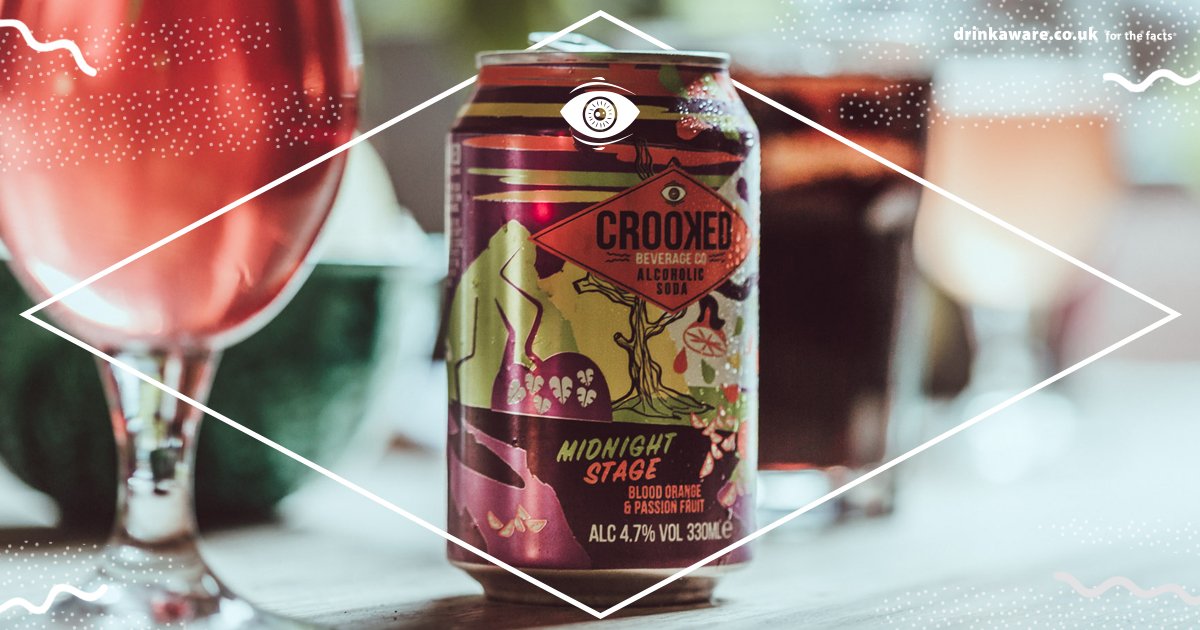 Our Crooked alcoholic soda in the flavour Midnight Stage offers sweet but tart tastes of blood orange &amp; passion fruit...try one out today! 🍊