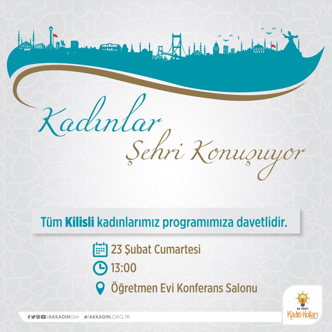 Kadınlar Şehri Konuşuyor
Tüm Kilisli kadınlarımız programımıza davetlidir.  

🗓23 Şubat Cumartesi
⏰ 13:00
📍Öğretmen Evi Konferans Salonu