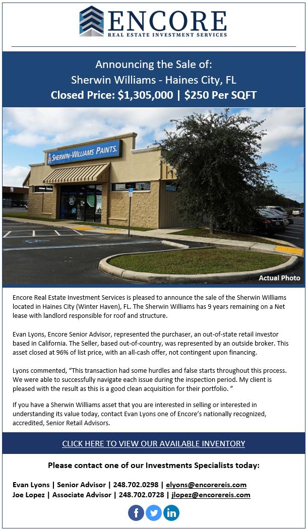 EncoreReis's tweet photo. Evan Lyons Reps Buyer | Closes Sherwin Williams | Haines City, FL

Visit Website For More Inventory:

https://t.co/t0Vea2MfJF
#NNN #NN #Retail #SherwinWilliams #Investment #Commercial #RealEstate #Properties #Encore #FL #SingleTenant #Sold https://t.co/iSXuecHeJo