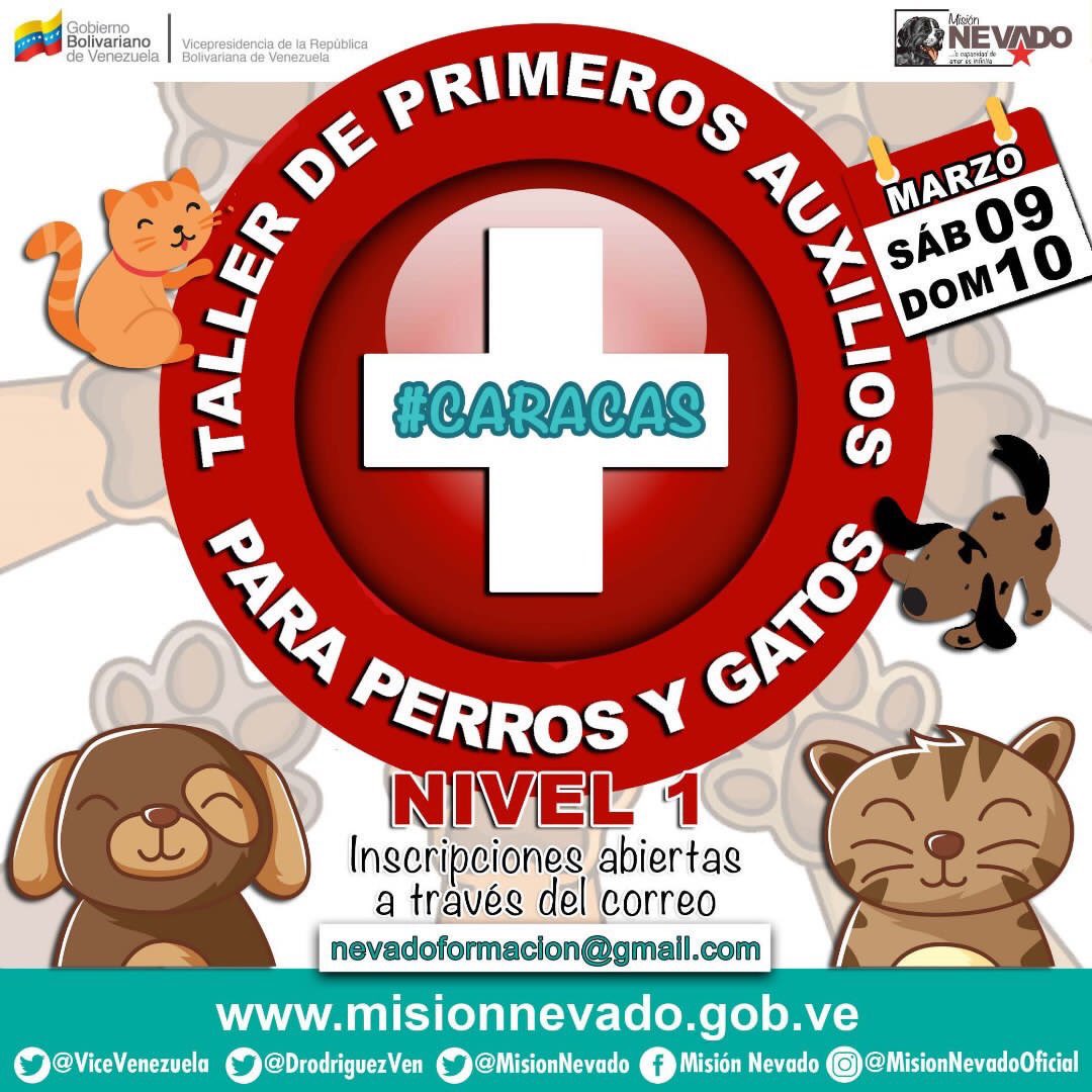 #Atención | <a href="/MisionNevado/">Misión Nevado</a> abrió las inscripciones para el Taller de Primeros Auxilios nivel 1 para Perros y Gatos en #Caracas. Incluye certificado. Inscríbete. ¡Contamos contigo!  #22Feb #LaCapacidadDeAmarEsInfinita #MisiónNevado