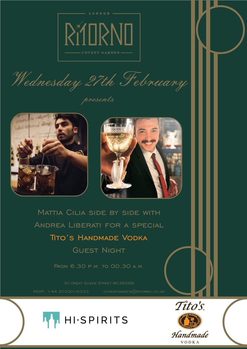 titosintl's tweet photo. Tito's stars at special guest night next week in London's Covent Garden @RitornoLondon #guestbartending #craftcocktails #USCraft https://t.co/VUuLGmLRq5