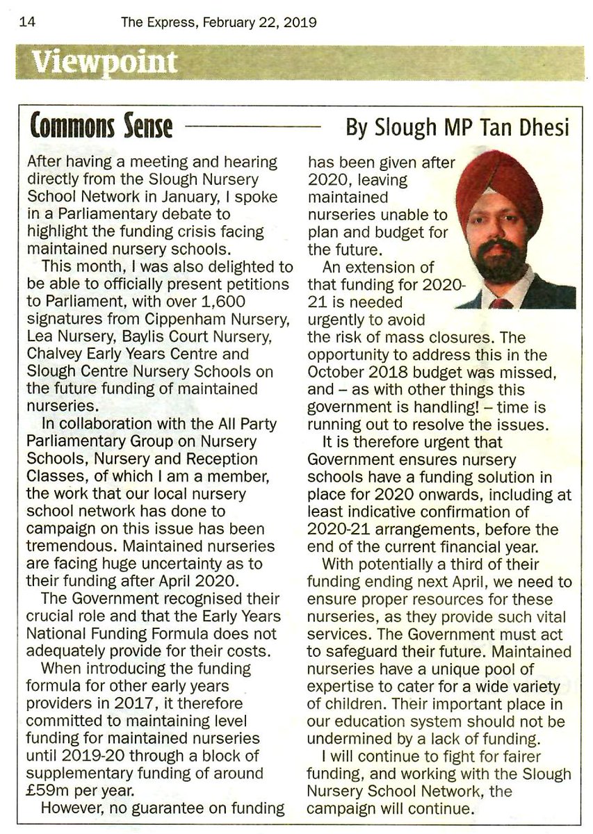 TanDhesi's tweet photo. My @ExpressSeries column on funding for maintained nursery schools and why we cannot risk the future of these vital services in #Slough &amp; across the UK simply due to Government inaction. https://t.co/02JKgkcjsM