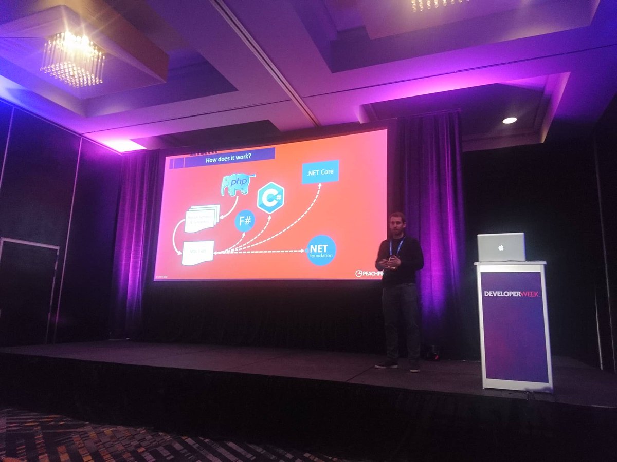 pchpcompiler's tweet photo. Had a blast talking about #PeachPie and running #PHP on #dotNET Core at #DEVWEEK19. Great audience with awesome questions. Thanks to @DeveloperWeek for putting on a great conference. Last day today in #SanFrancisco and then it's back to Prague. https://t.co/DZqJVPzv1T