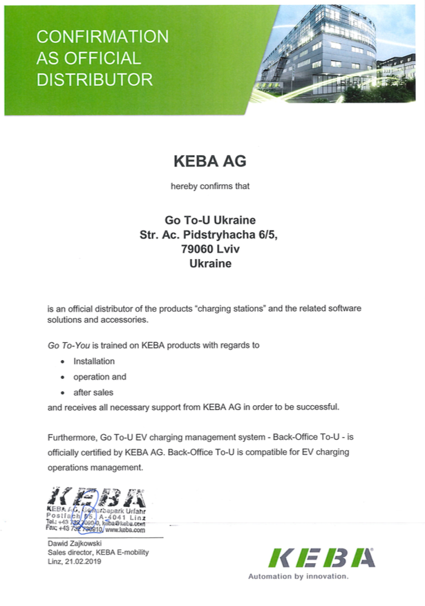 GoToUgreen's tweet photo. Proud to announce that Go To-U EV charging management system - Back-Office To-U is now officially certified by #KEBA AG - 
top manufacturer of #intelligent #charging #infrastructure in the World with more than 100000 #EVcharging stations sold.
#GoToU #BackOfficeToU #BoToU #EV https://t.co/jSUME6Uk4x