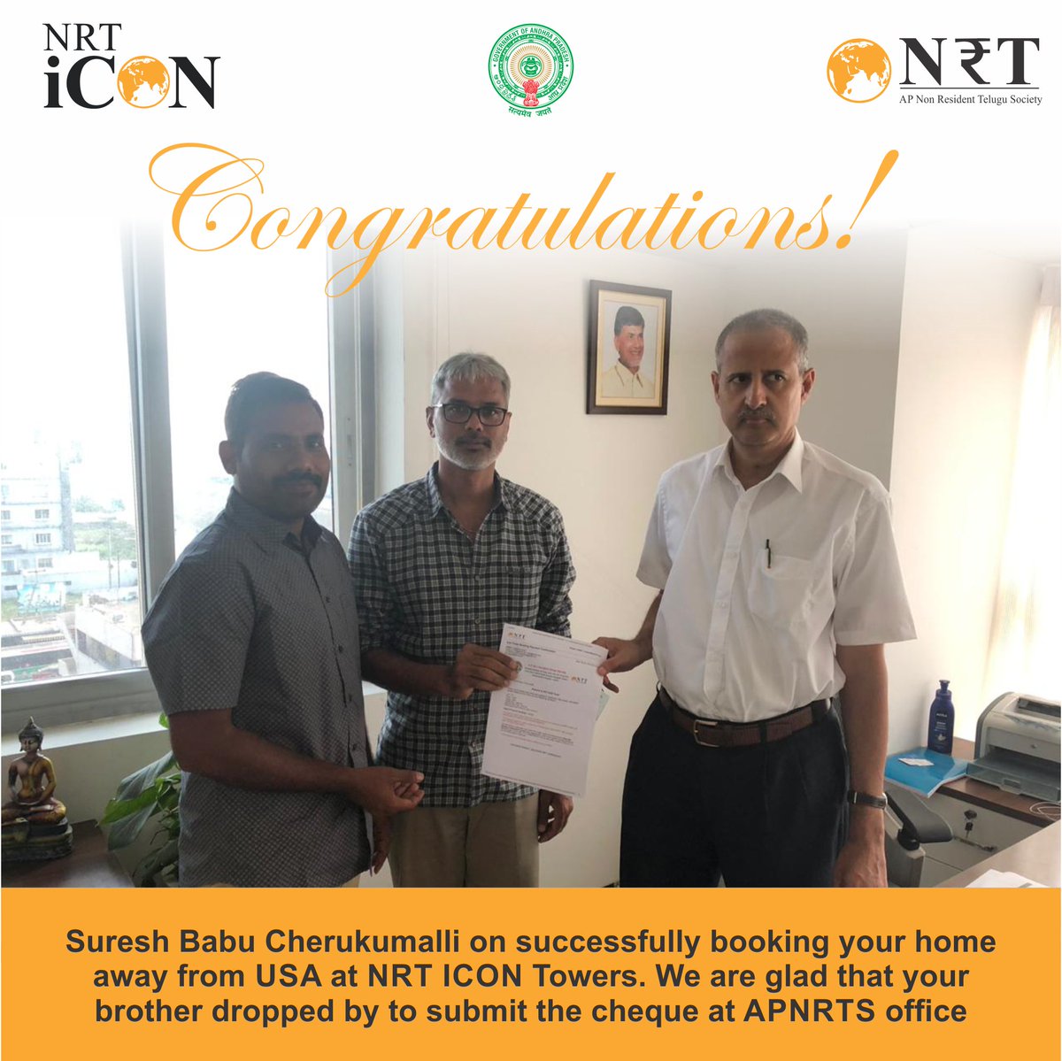 apnrtsofficial's tweet photo. Congratulations to Sureshbabu Cherukumalli on successfully booking your home away from USA at NRT iCON Towers.We are glad that your brother dropped by to submit the cheque at APNRTS office 
#APNRT #NRTiCON #NRTiCONBookings #Amaravati #WelcomeToNRTiCON https://t.co/E7ypsTsZoP