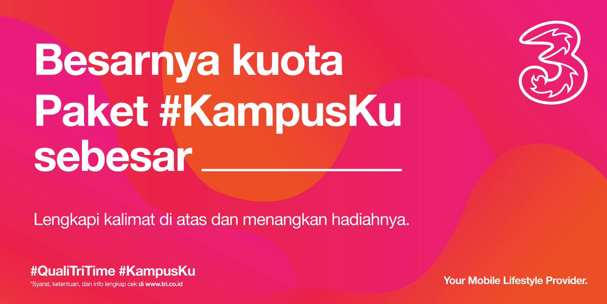 Ini dia kuisnya:

Lengkapi kalimat dalam image terlampir sehingga jadi rayuan gombal termaut.

Reply &amp; tag 3 temen, pake hashtag #QualiTriTime dan #KampusKu. 

Boleh jawab sebanyaknya! Ada 10 pulsa @ 50rb buat yang paling kreatif! S&amp;K: tri.co.id/QualiTriTime

#PaketKampusKu