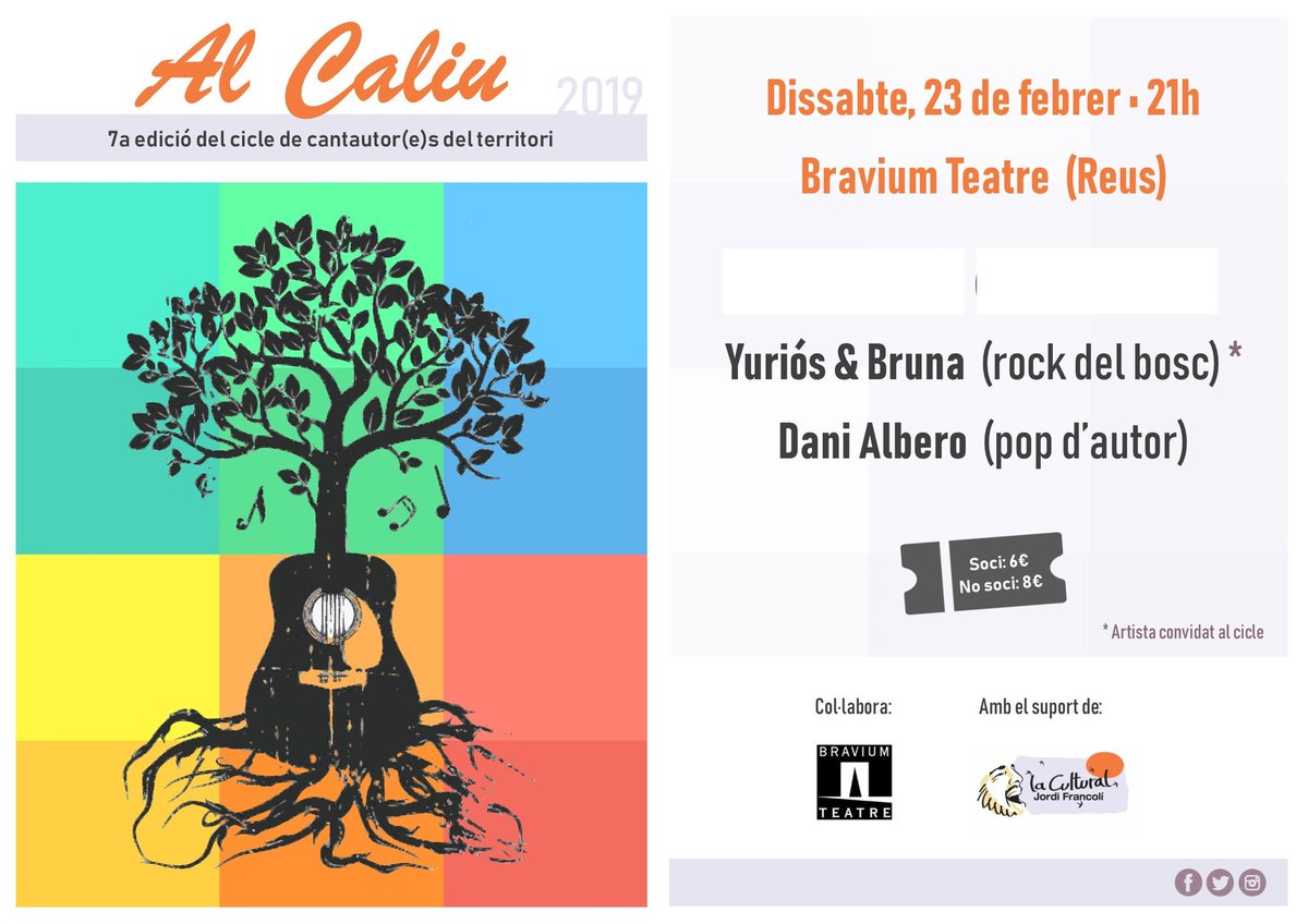 al_caliu's tweet photo. Demà nou concert de #AlCaliu2019! 

Aquest cop aterrem al Bravium de Reus! On podrem sentir a Yuriós &amp; Bruna i Dani Albero 😊 No us ho perdeu! ⠀

El preu de l'entrada és de 8€ (6€ pels socis) 

PD: Elena Volpini no podrà tocar per malaltia 🙏⠀⠀⠀⠀⠀⠀⠀⠀⠀ https://t.co/YQZpeUapT8