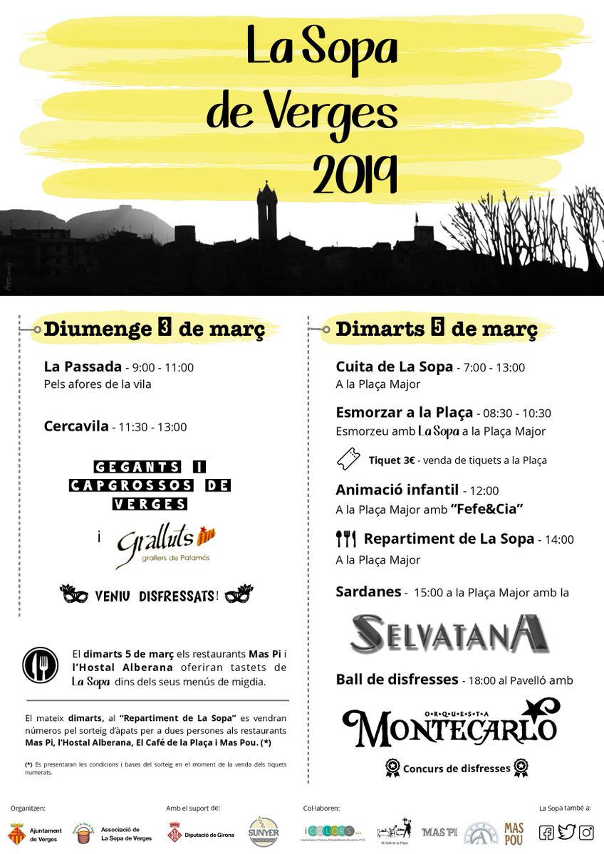 ajverges's tweet photo. #Verges ja tenim la programació d'enguany de @LaSopaVerges Preneu nota!
Diumenge 3 de març de 9 h a 13 h--> #LaPassada per tot el poble.
Dimarts 5 de març a la Plaça Major--> #LaSopadeVerges i molt més. + info a https://t.co/RFfr8J20Dx @Selvatana_CO @montecarlo_la @fefeicompanyia https://t.co/qx42WhiKvO