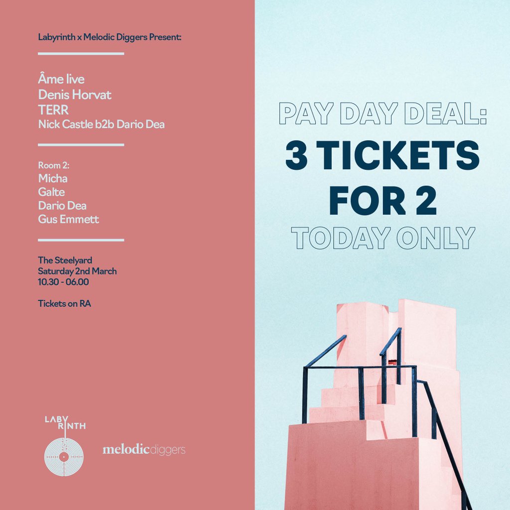 labyrinthlondon's tweet photo. For today only we're offering 3 tickets for the price of 2 to next Saturday's show with Melodic Diggers. 

Almost as good as the 3 headliners of this party ;) 

Offer ends at midnight tonight. 

Tickets - https://t.co/7NH16RIri0

#Âme #labyrinth #house #techno #melodicdiggers https://t.co/7Egu6TNV38