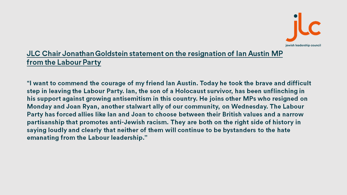 Statement from <a href="/jonnysgoldstein/">Jonathan Goldstein</a> on the resignation of @IanAustinMP from the Labour Party. 
thejlc.org/statement_from…