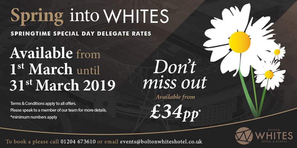 ⚪️🏨🌼Spring into @BoltonWhitesHtl with our Springtime Day Delegate Rate.

💷Don't miss out, prices from £34 per person.
📅This rate is available from 1 March until 31 March 2019
📞01204 673610
✉️info@boltonwhiteshotel.co.uk
ℹ️boltonwhiteshotel.co.uk/news-events/sp…

#EventProfs #Bolton #DDR