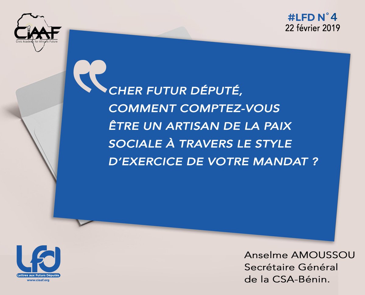 A lire tout ce weekend, la #LFD 4 signée Anselme Amoussou 
:
"le député et la paix sociale" >> tinyurl.com/y55jh24d

#Benin #Legislatives2019 #MonElu229