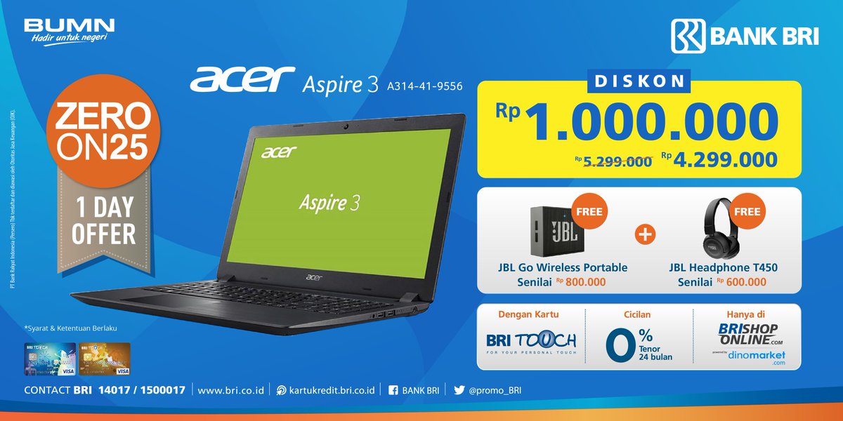 promo_BRI's tweet photo. #ZeroOn25 dapatkan Laptop Acer Aspire 3 A314-41-9556, diskon Rp1jt, banyak bonusnya dengan cicilan 0% hingga 24 bulan, hanya di https://t.co/c3zX8eDCCy #promoBRI https://t.co/Q02LVw5H2Y