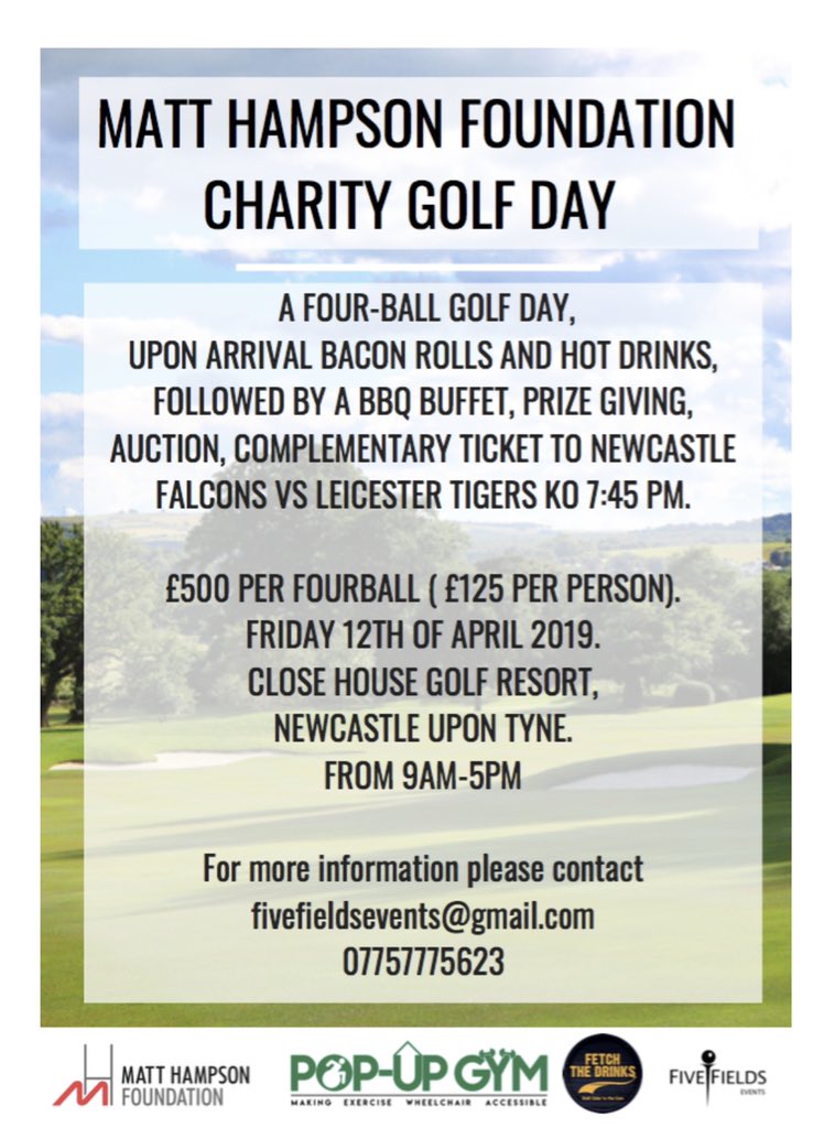Book your team in this Golf day <a href="/CloseHouseGolf/">Close House Golf</a> supporting Foundation and @PopUpGymUK perfect for <a href="/LeicesterTigers/">Leicester Tigers</a> fans as same day as away fixture v @FalconsRugby matthampsonfoundation.org/news/2019/02/c…