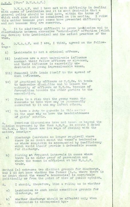 Official perspectives on lesbian relationships among women in the armed forces provide both shocking and fascinating insight into past attitudes. This document from 1940 is extracted from a lecture on “immoral” relationships within the Women’s Auxiliary Air Force (WAAF) #LGBTHM19