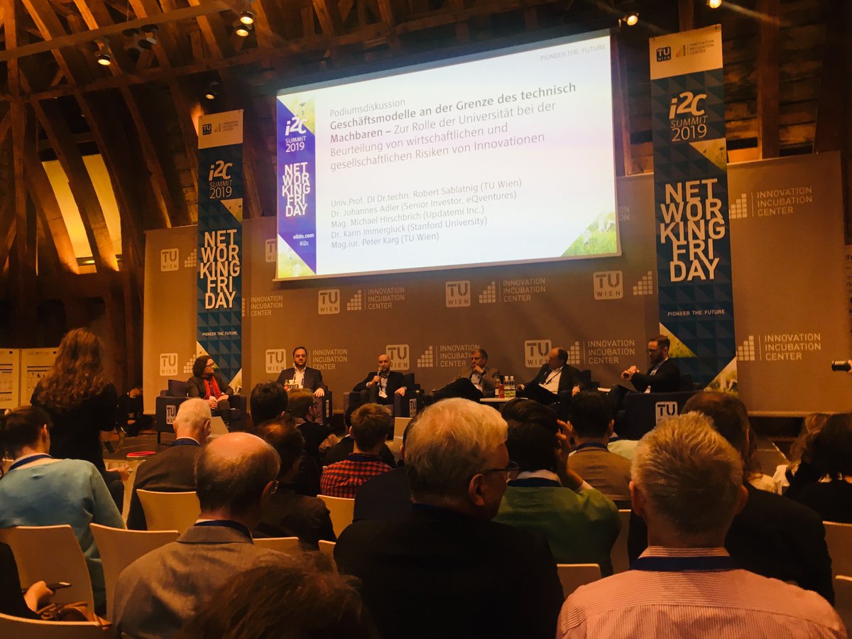 TUWi2c's tweet image. Robert Sablatnig, Johannes Adler,  Michael Hirschbrich, Karin Immergluck, Peter Karg are now debating whether it is part of the social responsibility of the university to provide its research competence for the assessment of business models #i2cTUWien #networkingFriday