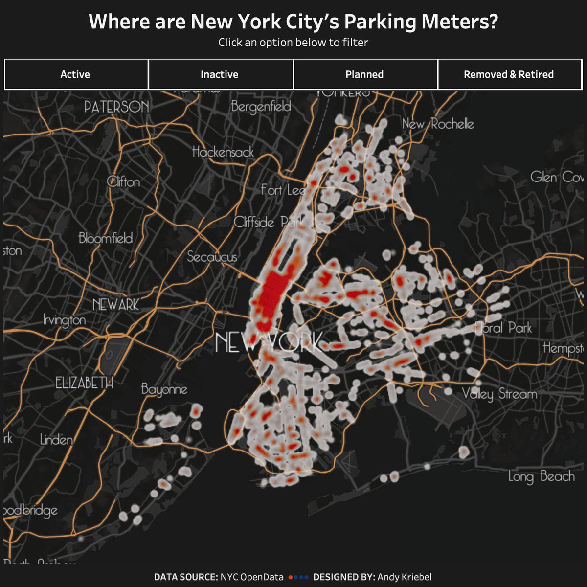 VizWizBI's tweet photo. My latest viz: Where are New York's Parking Meters? #OpenData #newyork #densitymap https://t.co/787BiReWqp https://t.co/H5lOhNa2kj
