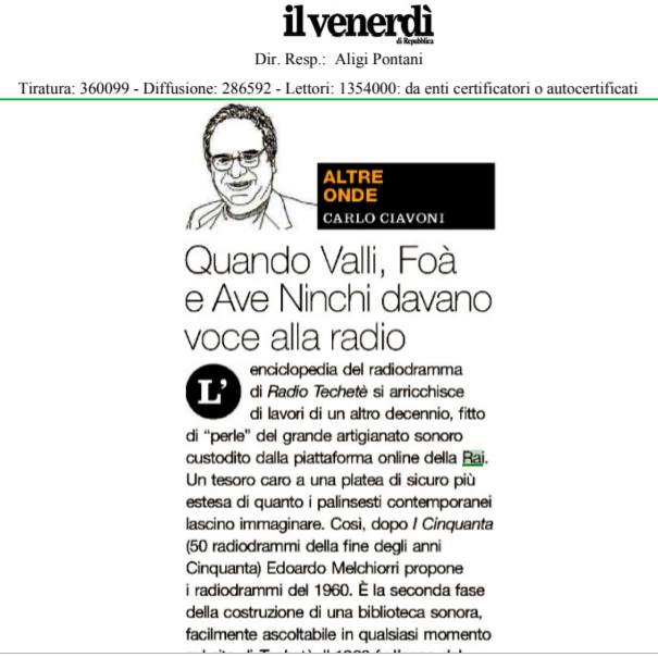 EMelchiorri's tweet photo. grazie @cciavoni . Oggi sul #Venerdì di #Repubblica @RaiRadioTechete e i suoi #radiodrammi - #fiction #radioRai #22febbraio https://t.co/yx5SENANUT