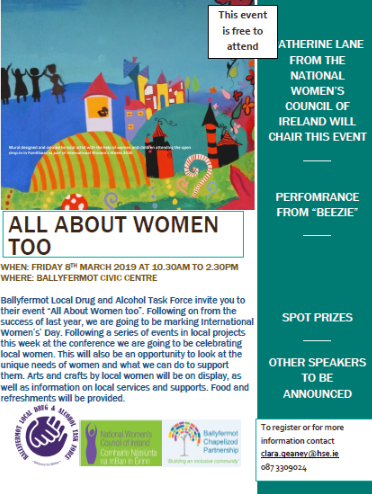 drugsdotie's tweet photo. All About #Women too!
Ballyfermot Local Drug and Alcohol Task Force invite you to attend their event on Friday 8th March. See our latest #DrugFeature for more information https://t.co/lEbkU90bNO https://t.co/VQ72r0yJda