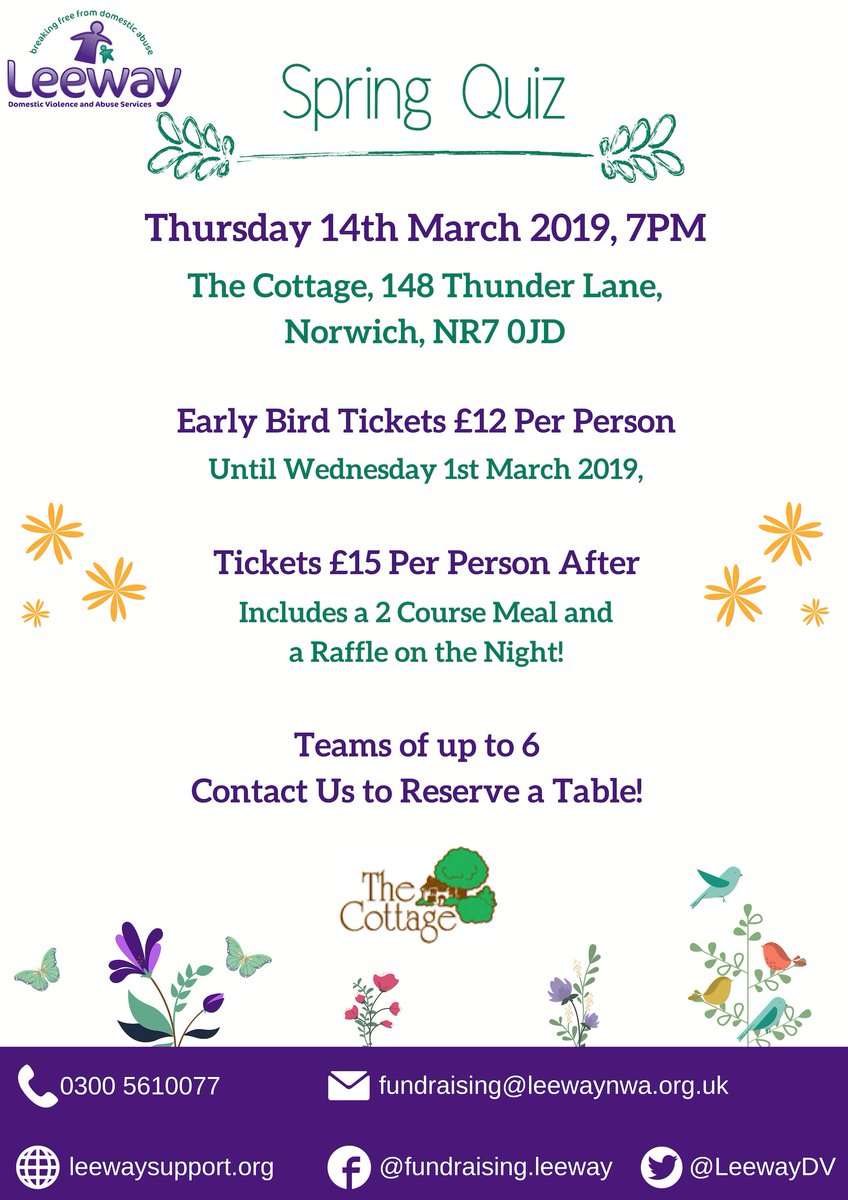A week to go until our Early Bird Tickets for our Leeway Spring Quiz stop being on sale. A ticket includes a 2 course meal and there will be a raffle on the night! Just £12 until Friday 1st March.

Email us on fundraising@leewaynwa.org.uk or call 0300 561 0077 to book! :)