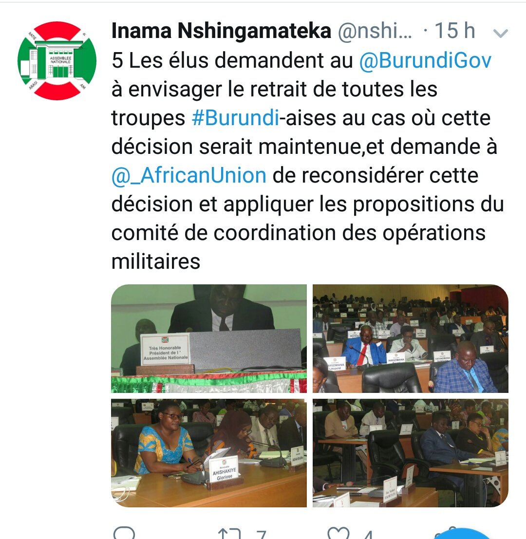 Ndayishemeza_'s tweet photo. #Burundi @nshingamateka et @burundi_senat s'étaient réunis en congrès en Janvier 2016 pr dire NON à une mission de paix au Burundi (#Maprobu ). Hier, ils se réunissaient pr contester le rapatriement de 1000 soldats burundais de l'@amisomsomalia . Comment peut-on qualifier Cela? https://t.co/ZJDyYDm3SE