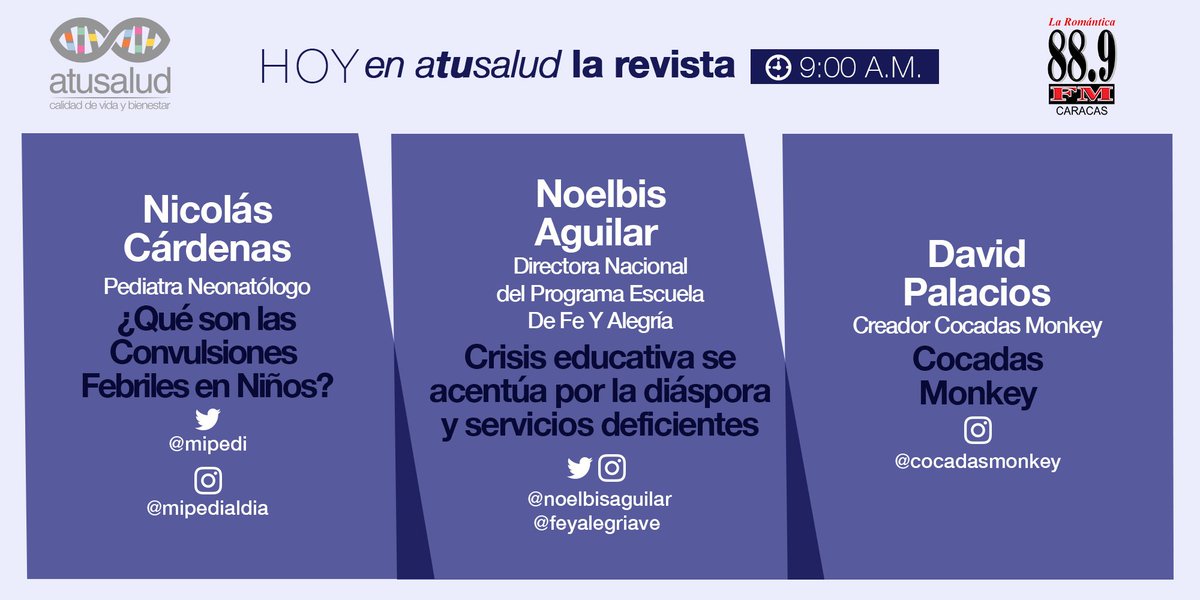 atusaludenlinea's tweet photo. ¡Sintoniza @laromantica889 HOY #22Feb a las 9:00 a.m! 🎙📻
Con nosotros en #ATuSaludLAREVISTA: @mipedi, @NoelbisAguilar - @FeyAlegriaVE y David Palacios, creador de #CocadasMonkey. https://t.co/Lpg7lLEBGU