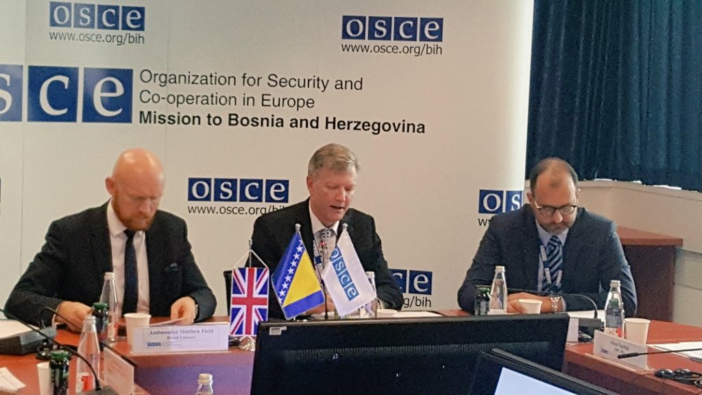 OSCEBiH's tweet photo. .@OSCEBiH Head @BertonBruce, HJPC President Milan Tegeltija and 🇧🇦 Chief Prosecutor Gordana Tadic formalize co-op on the development of digital archive of all war crimes cases evidence in #BiH Prosecutor’s Office posession, supported by UK Govt., Sarajevo, 22 Feb 2019 https://t.co/XF9qJd15Qf