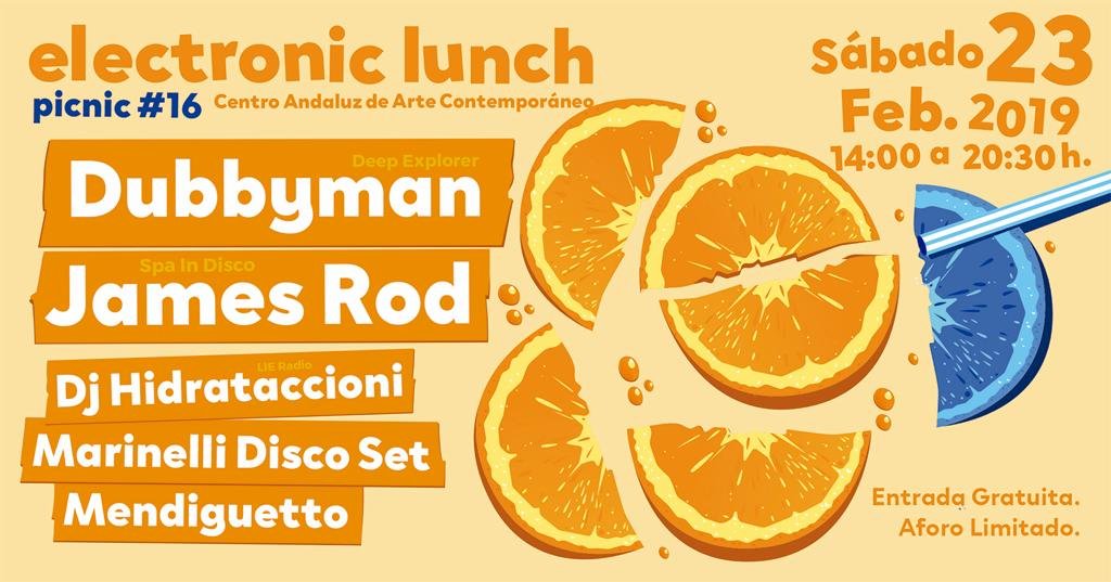 caac_sevilla's tweet photo. #Dubbyman, #JamesRod, #MarinelliDiscoSet, Dj Hidrataccioni (@_kiebooms) y #Mendiguetto protagonizan mañana la nueva edición de #ElectronicLunch. De 14 a 20:30 h en el #CAAC, con #entradalibre hasta completar aforo. + info: https://t.co/4UK875zbIj https://t.co/7IQoRlAzmF