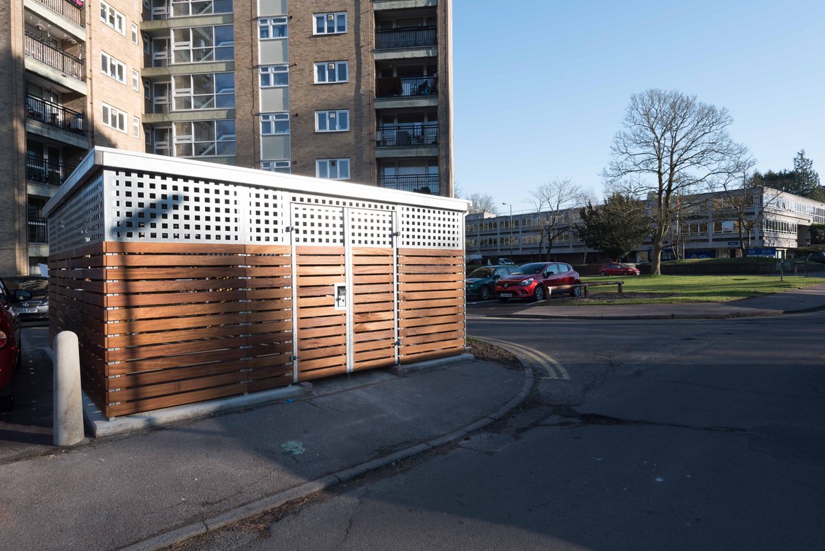 metroSTOR's tweet photo. This metroSTOR PBH 53.45 for @MountGreenHA is specified with horizontal iroko cladding lower, punched square pattern galvanised steel upper and a double door option with keypad locking system. #BinStorage #BespokeSolutions https://t.co/ZlEbBtSUcy