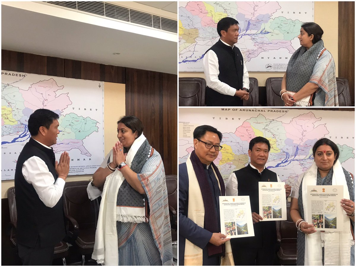 smritiirani's tweet photo. Met CM @PemaKhanduBJP ji and discussed various projects in areas of Handloom and Muga Silk that will soon commence in the state of Arunachal Pradesh. https://t.co/3AUC8LFWvb