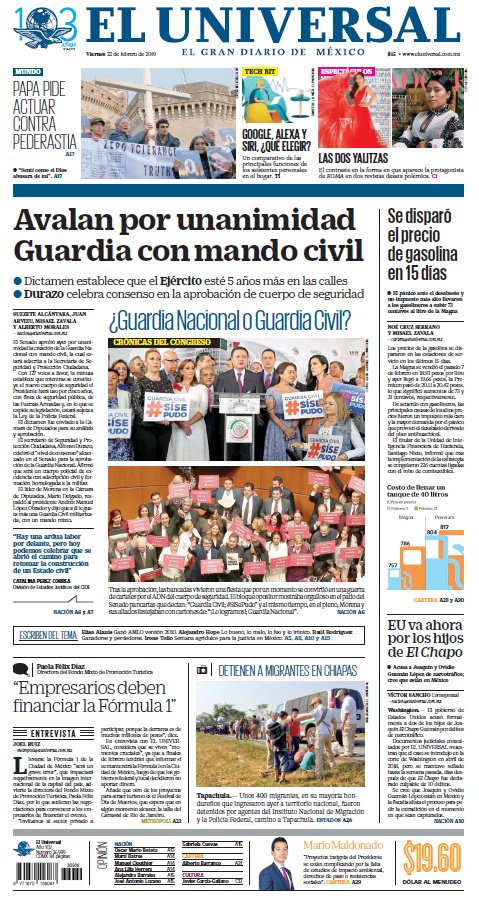 El_Universal_Mx's tweet photo. ¡Buenos días, lectores! Iniciamos la jornada informativa con la portada de EL UNIVERSAL y sus secciones este 22 de febrero https://t.co/SqpmhUtD6h https://t.co/KihoW0ybYI