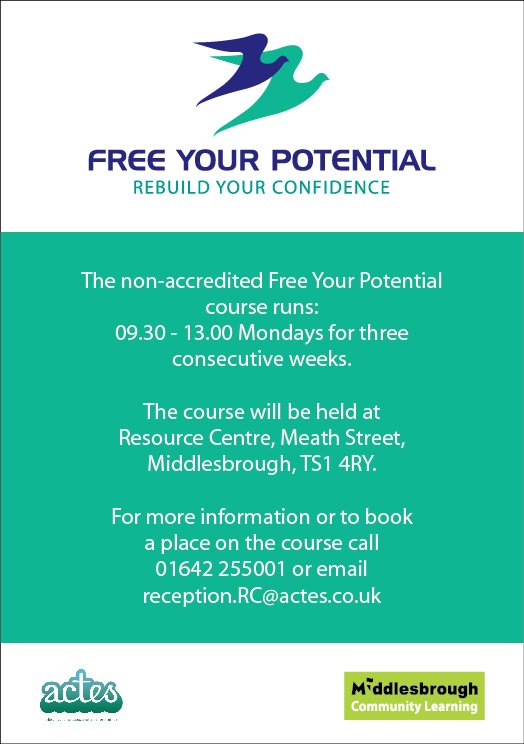 Resourcecntr's tweet image. Need help to overcome low confidence &amp;amp; self-esteem?
Free Your Potential is designed to help you get back on track by making positive changes &amp;amp; progressing towards goals.
Next course starts 25 Feb (9:30am - 1pm). Contact 01642 255001 or reception.RC@actes.co.uk @JCPinDurhamTees