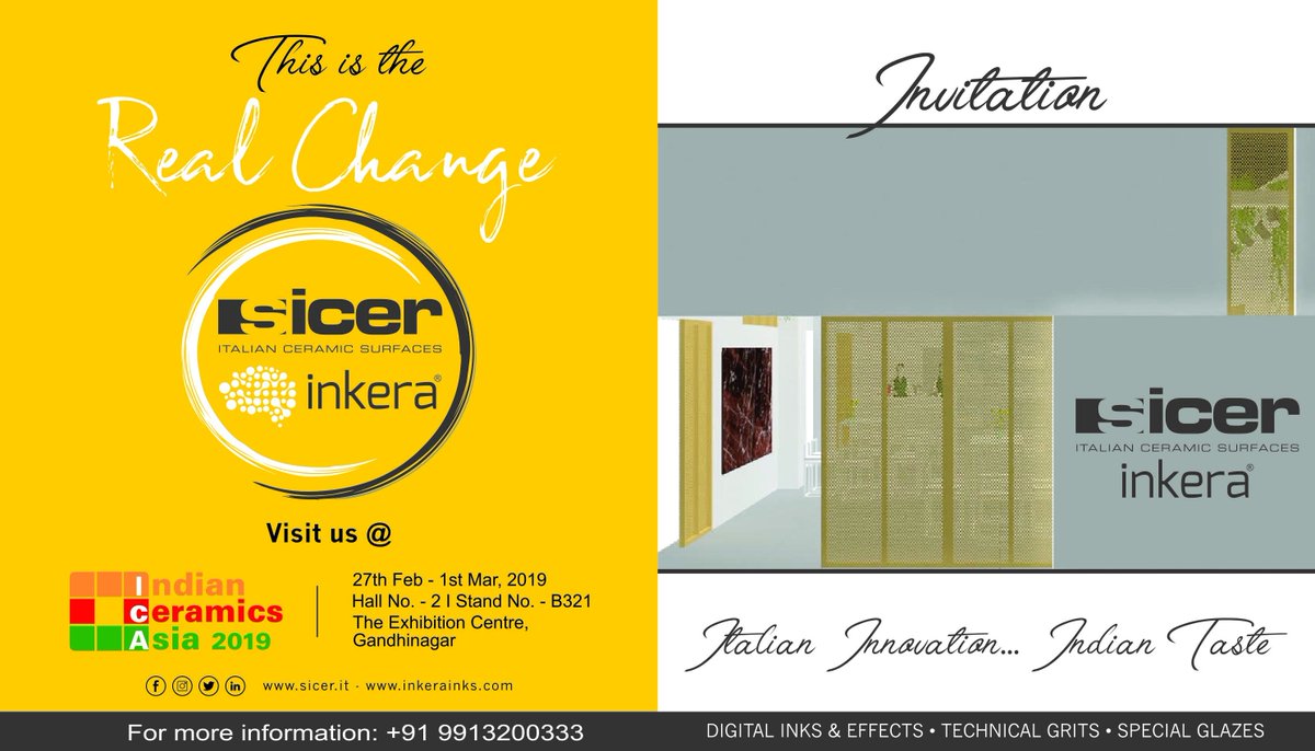 sicerspa's tweet photo. It's getting very close the time for @Indian_Ceramics exhibition! #Sicer and #InkeraIndia will be present from 27th February to 1st March at Hall2 /Booth B321. #IndianCeramicsAsia #Ceramics #CeramicWorld https://t.co/18Rcyxjpep