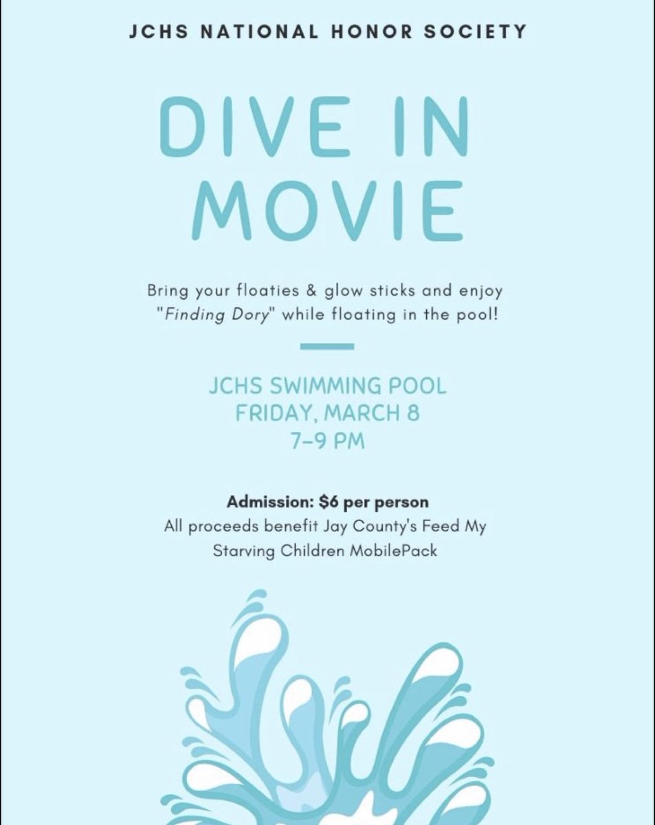 Hello everyone! As we continue to get closer to our goal, we’ve decided to host another pretty cool event! 

Come on out to the JCHS pool on Friday, March 8 from 7-9 with your floaters and glow sticks. We will be watching Finding Dory! 

Admission is $6 and EVERYONE is welcome!