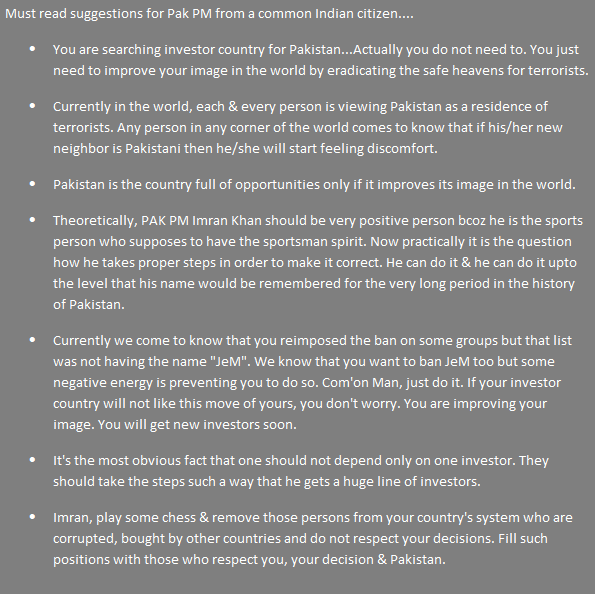 Must read suggestions for Pak PM from a common Indian citizen... <a href="/ImranKhanPTI/">Imran Khan</a> <a href="/narendramodi/">Narendra Modi</a> 
#PulwamaAttack
