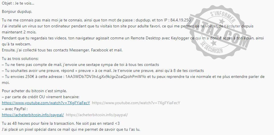 zataz's tweet photo. Ce que je craignais depuis plusieurs semaines vient d’arriver. L’arnaque "J’ai installé un virus sur ton ordinateur pendant que tu visitais un site pour adulte" prend une nouvelle dimension avec un moyen de faire payer plus efficace. https://t.co/tL2ZCQ2c7n #VendrediLecture https://t.co/9hCgtSCloa