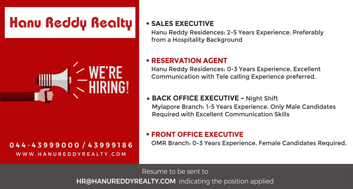 hanureddynews's tweet photo. We are #Hiring #HanuReddyRealty #Recruitment #JobsinChennai #Jobs #Realestate #Salesexecutive #ReservationAgent #BackofficeExecutive #FrontofficeExecutive https://t.co/Ga0BIhjDmX