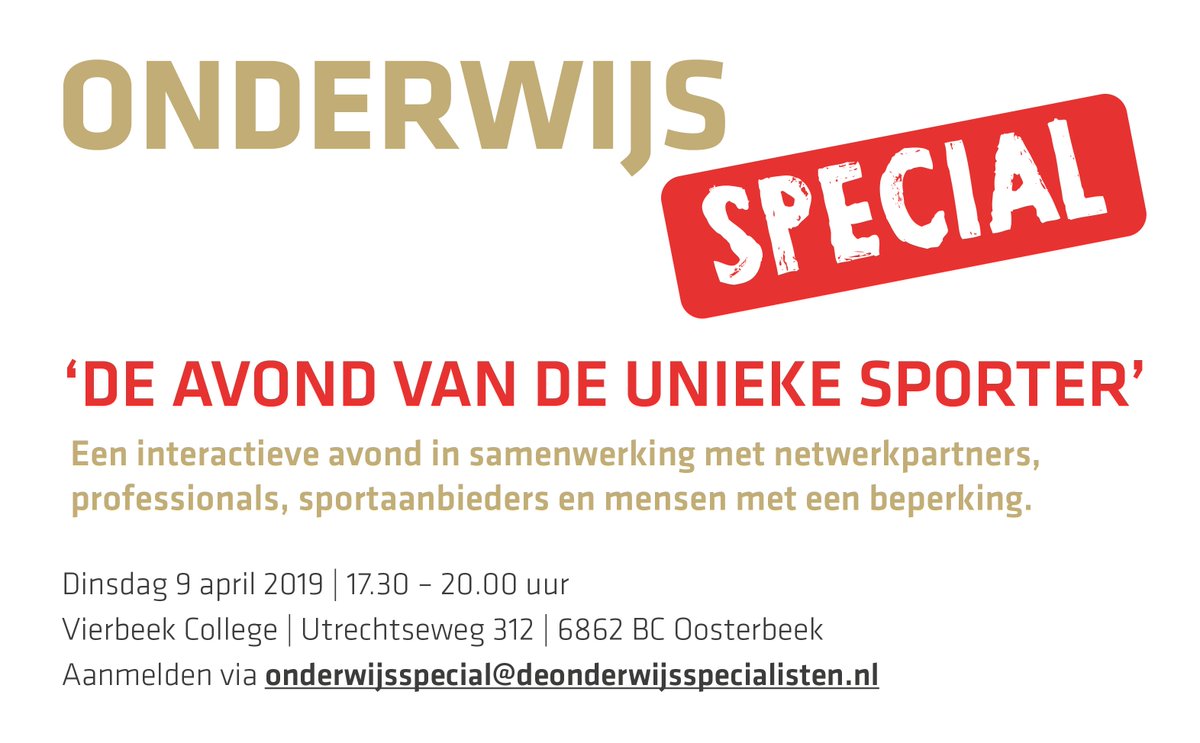 Meld je nu aan voor de Onderwijsspecial 'De Avond van de Unieke Sporter' via bit.ly/2GUqz6K <a href="/UniekSporten/">Uniek Sporten</a>