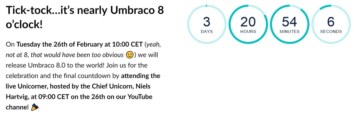 thechiefunicorn's tweet photo. 🦄🙏✨🎉😍 BOOM - we're officially counting down to release. Enjoy the weekend - it'll be the last one without #Umbraco 8 =) 😍🎉✨🙏🦄 https://t.co/0qfG5zI8xy