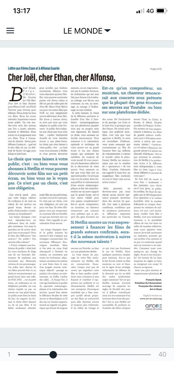 A lire dans Le Monde d’aujourd’hui une lettre ouverte de l’Afcae Pour défendre le cinéma partout sans jamais exclure la salle!