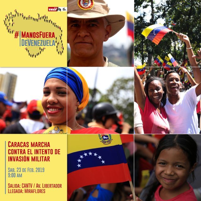 PartidoPSUV's tweet photo. Somos el pueblo de Bolívar y de Chávez... Somos hijos de una misma tierra, somos orgullosos venezolanos. Nos vemos este sábado #23Feb en la CANTV, avenida Libertador. 

¡ASISTE! 

#ConciertoPorLaPazYLaVida 
#HandsOffVenezuela 
#ParaLaGuerraNada https://t.co/O6ppwxmahG